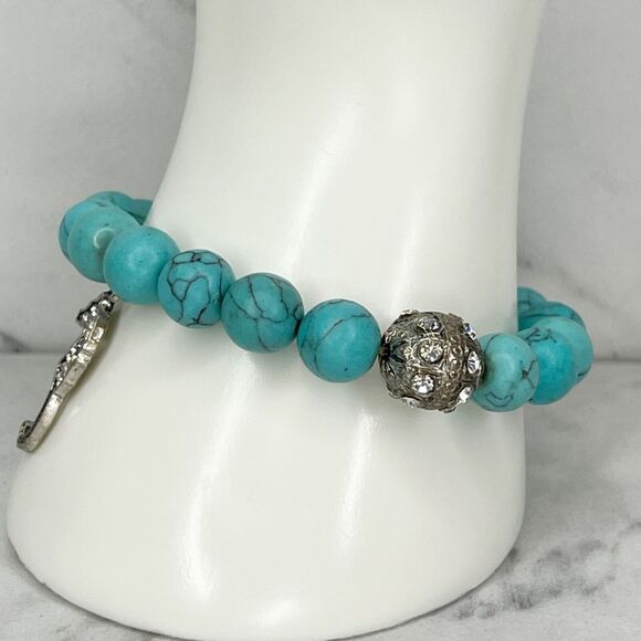 Faux Turquoise Beaded Rhinestone Seahorse Charm Stretch Bracelet - Picture 5 of 8
